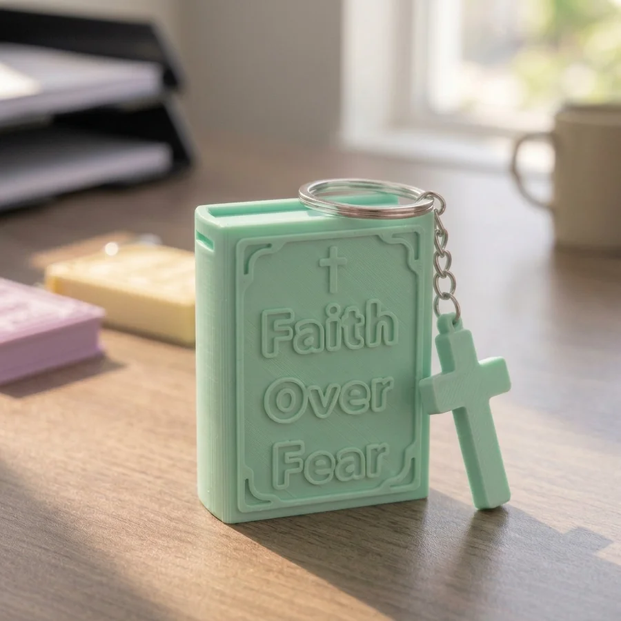 파스텔 민트색 성경책 NFC 키링 — 앞표지에 십자가와 FAITH OVER FEAR 문구가 양각되어 있고, 고리에 십자가 참이 달려 있다